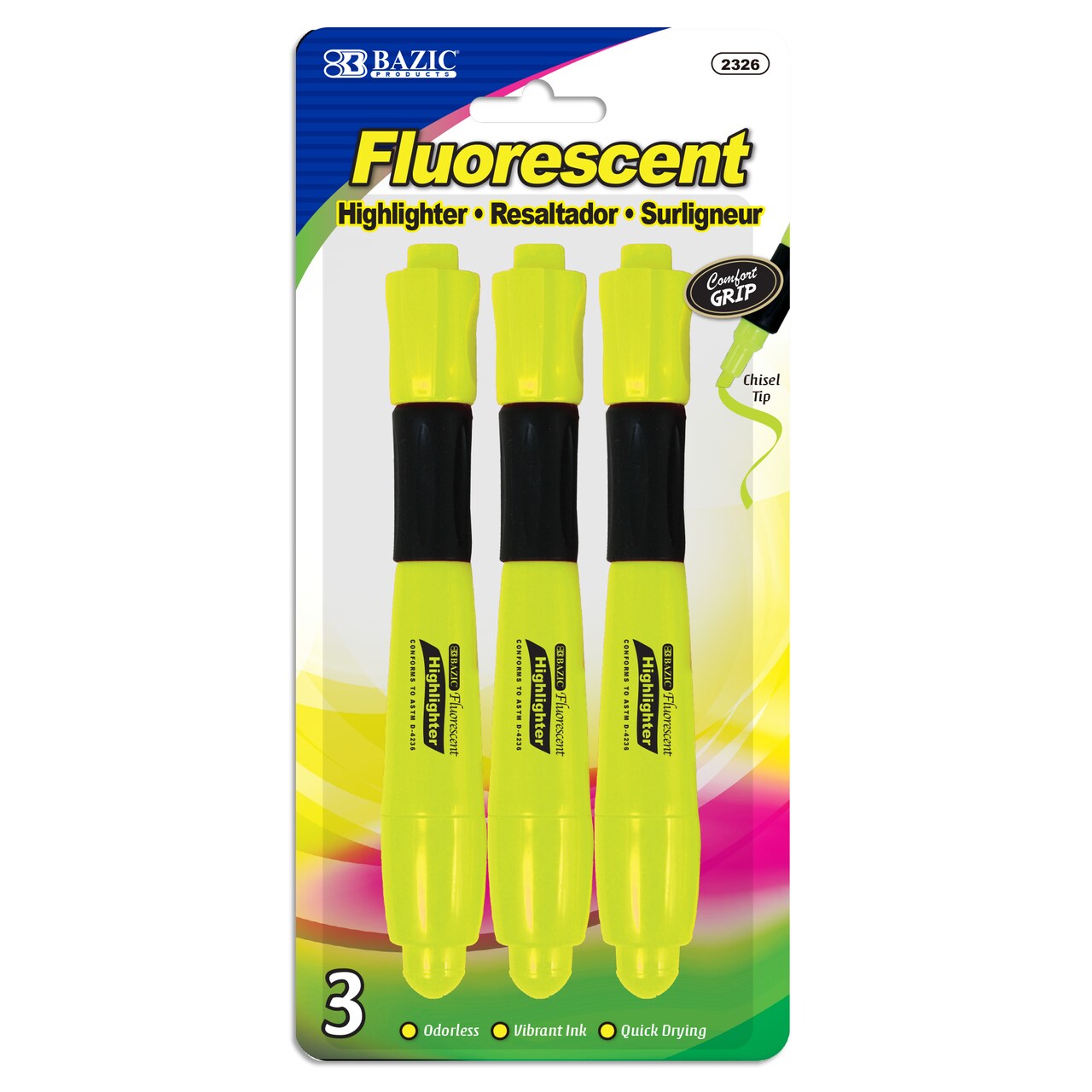 BAZIC Desk Style Fluorescent Highlighters w/ Cushion Grip (3/Pack) Yellow